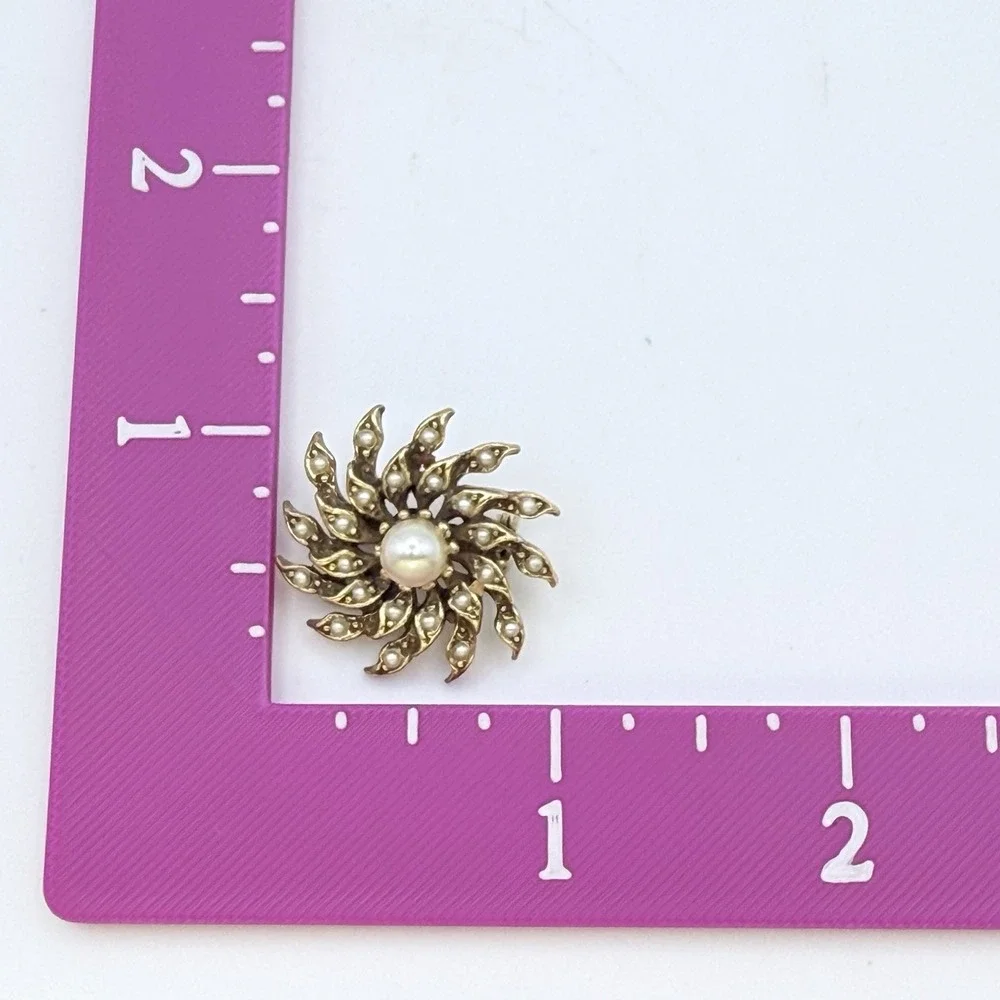 Vintage Faux Pearl Brooch Gold Tone Sunburst Swirl Floral Pin Small 1